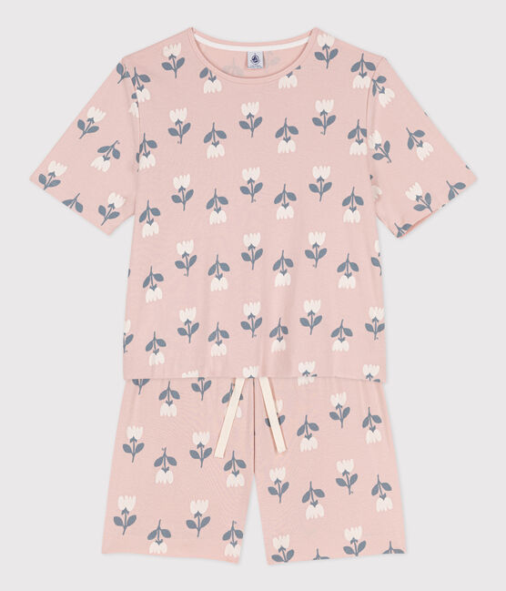 Pijama corto de algodón con tulipanes para mujer rosa SALINE/blanco MULTICO