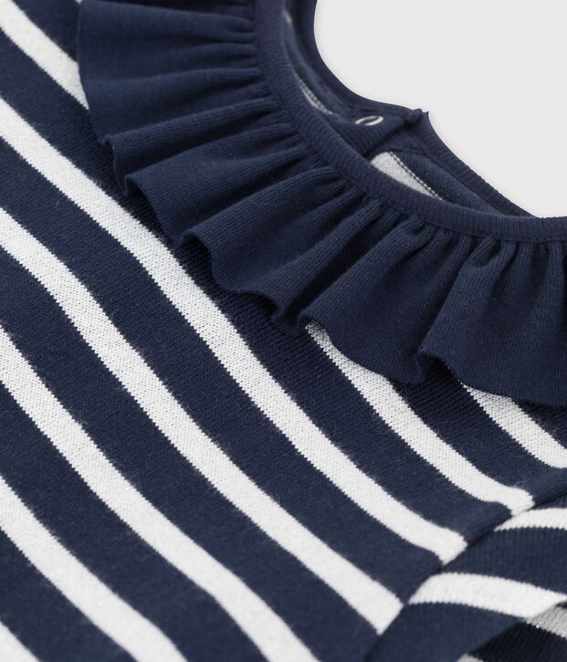Vestido de manga larga de algod&oacute;n de ni&ntilde;a azul/blanco/gris