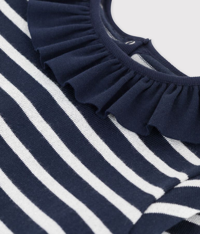 Vestido de manga larga de algod&oacute;n de ni&ntilde;a azul/blanco/gris