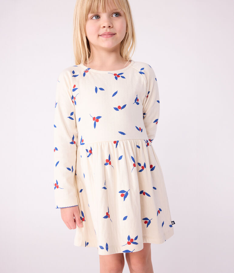 Vestido infantil de manga larga de algod&oacute;n crudo/multicolor