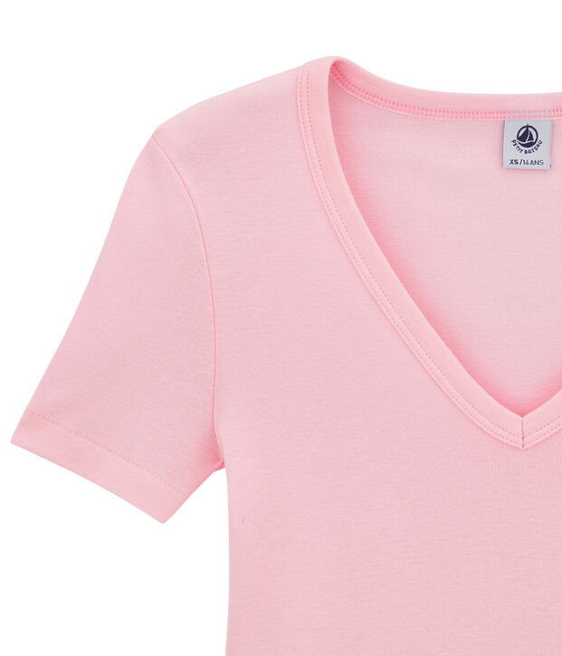 Camiseta con cuello en pico, de punto original, para mujer rosa