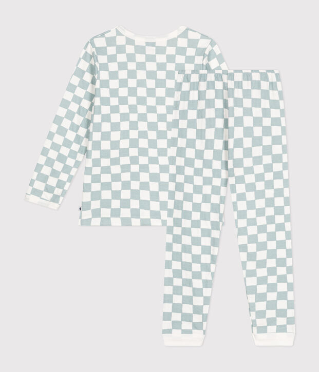 Pijama infantil de algod&oacute;n con estampado de damero blanco/verde
