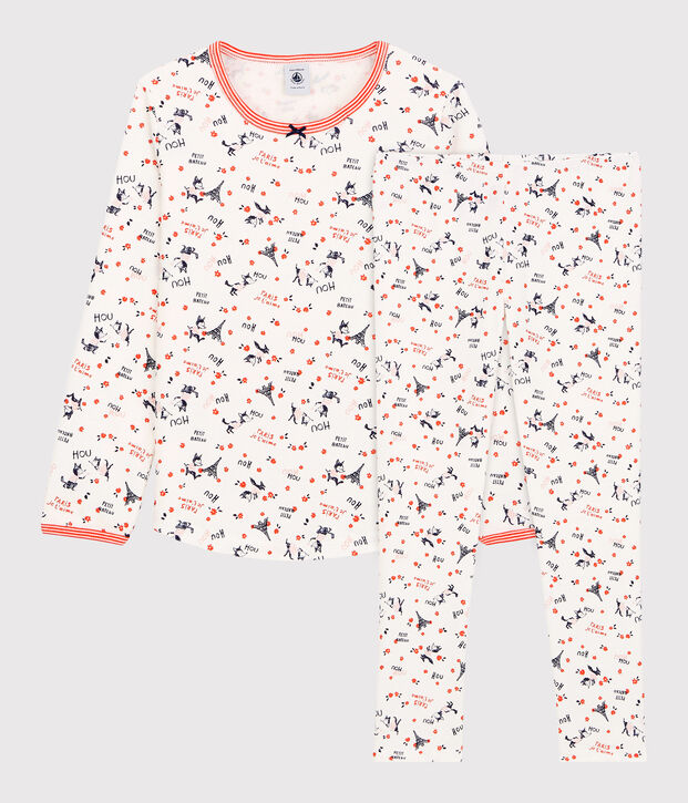 Pijama con estampado de Par&iacute;s de ni&ntilde;a de algod&oacute;n org&aacute;nico blanco/multicolor
