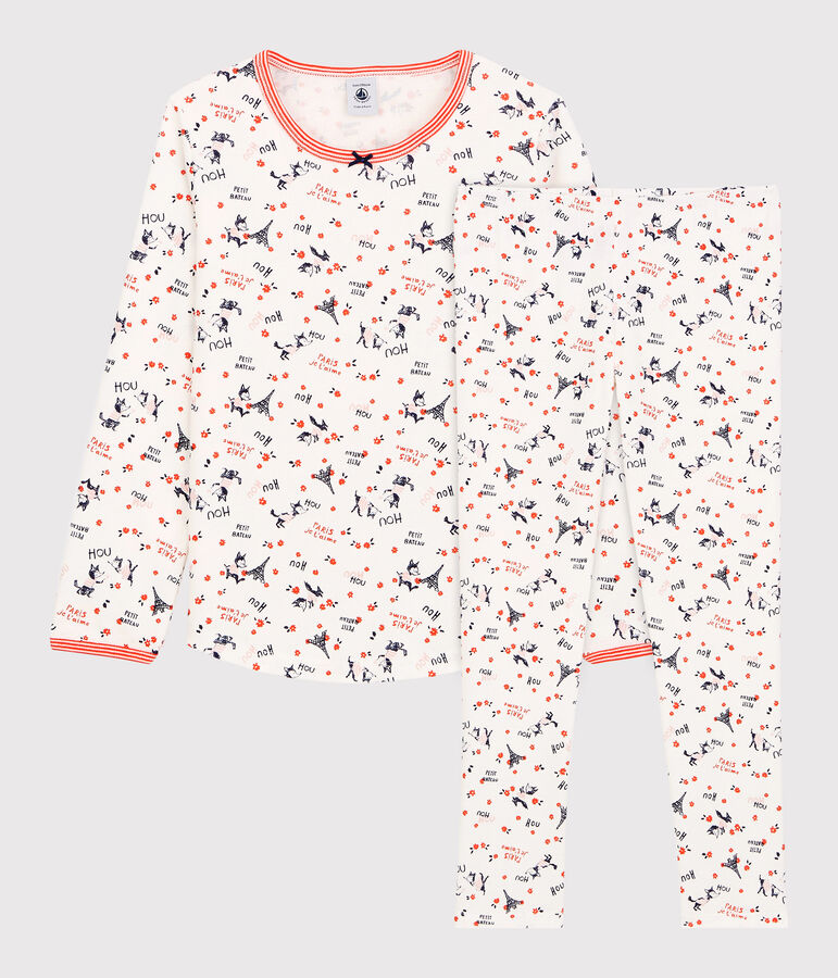 Pijama con estampado de Par&iacute;s de ni&ntilde;a de algod&oacute;n org&aacute;nico blanco MARSHMALLOW/blanco MULTICO