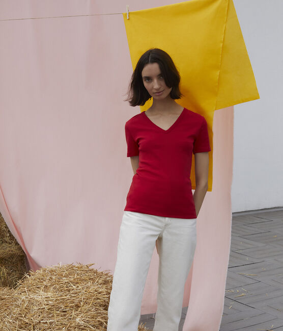 Camiseta L'ICONIQUE con cuello de pico de algodón de mujer rojo PEPS