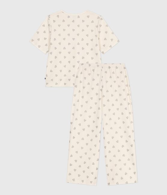 Pijama de algodón de manga corta y pernera ancha con estampado de corazones para mujer crudo MILK/ ARGENT
