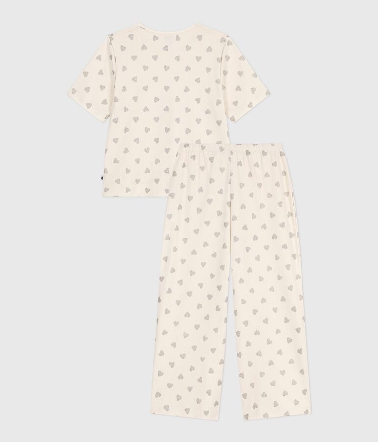 Pijama de mujer de algod&oacute;n con estampado de corazones, manga corta y perneras anchas crudo/gris