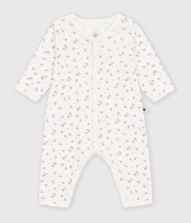 Pijama sin pies de algod&oacute;n con estampado de flores para beb&eacute; blanco/rosa
