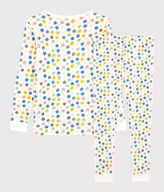 Pijama snugfit de algodón con flores retro fosforescentes para niña blanco MARSHMALLOW/blanco MULTICO