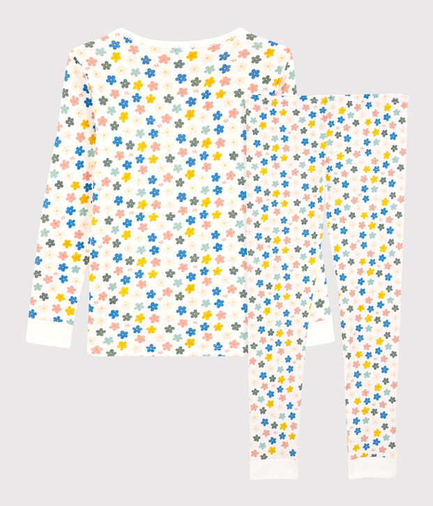 Pijama snugfit de algod&oacute;n con flores retro fosforescentes para ni&ntilde;a blanco/multicolor