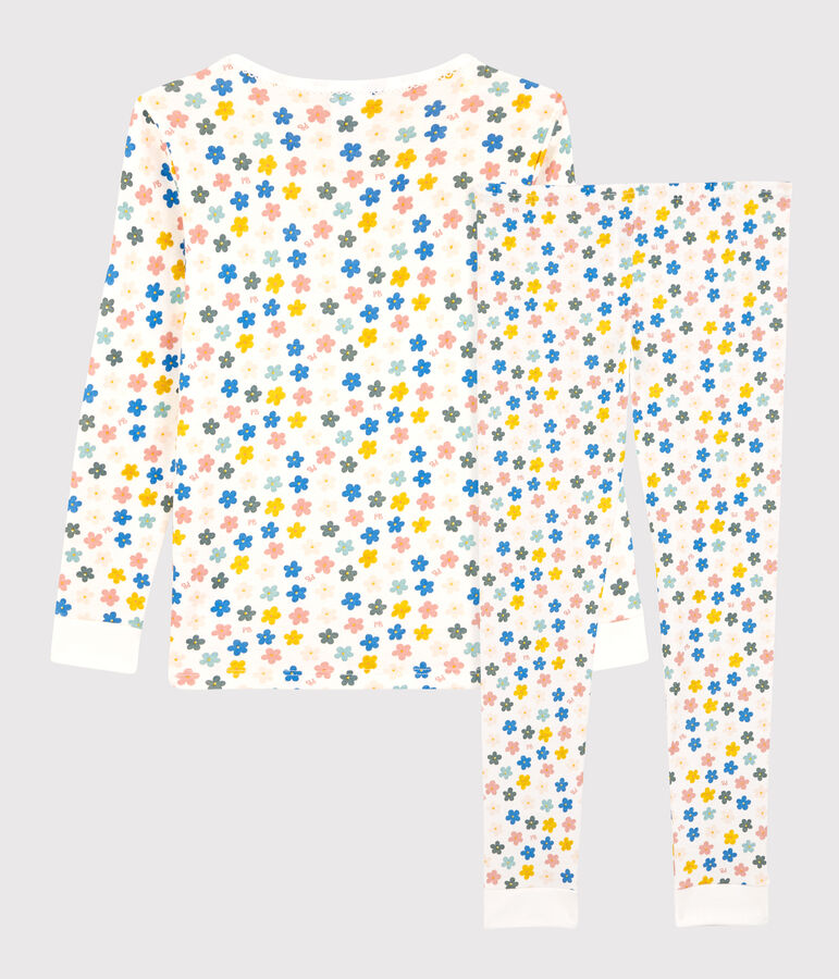 Pijama snugfit de algod&oacute;n con flores retro fosforescentes para ni&ntilde;a blanco/multicolor