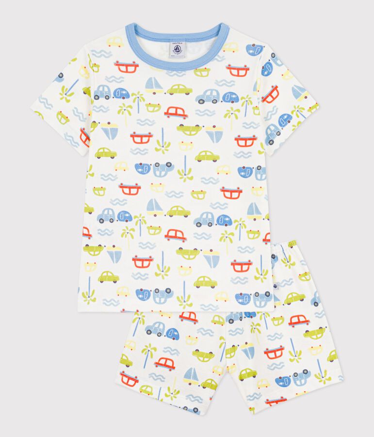 Pijama corto infantil de algod&oacute;n con estampado de coches blanco MARSHMALLOW/blanco MULTICO