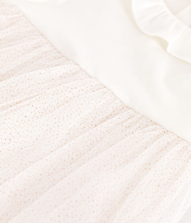 Vestido de manga corta de algod&oacute;n y tul con cuello isabelino para beb&eacute; blanco/rosa