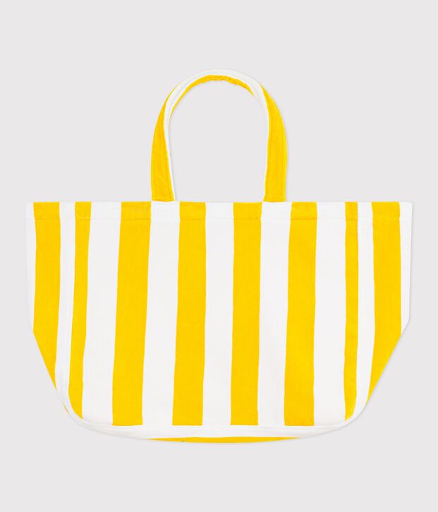 Bolso de playa de rizo de algod&oacute;n a rayas para mujer amarillo/blanco
