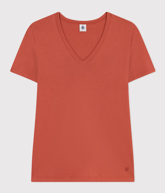 Camiseta La Icónica lisa de algodón con cuello de pico para mujer marron FAMEUX