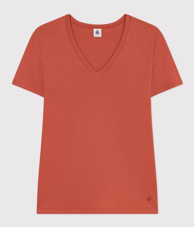 Camiseta La Ic&oacute;nica lisa de algod&oacute;n con cuello de pico para mujer marron FAMEUX