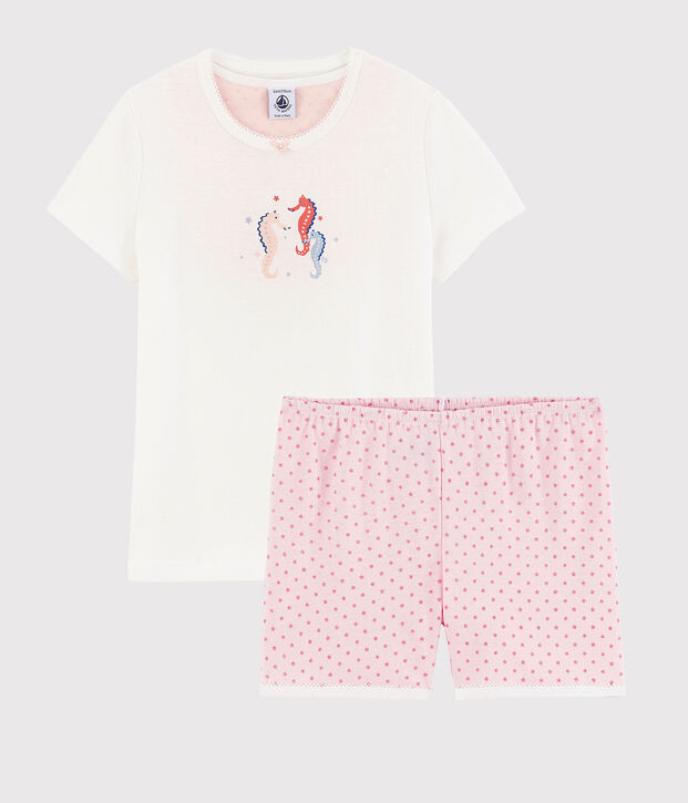 Pijama corto de caballitos de mar de algod&oacute;n de ni&ntilde;a blanco/rosa