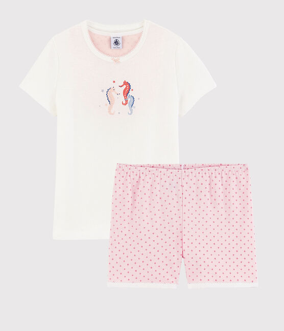 Pijama corto de caballitos de mar de algodón de niña blanco MARSHMALLOW/rosa GRETEL