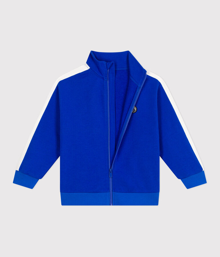 Sudadera infantil de algod&oacute;n liso con cuello alto con cremallera azul