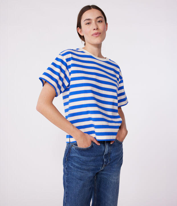 Camiseta Boxy de algod&oacute;n a rayas para mujer crudo/multicolor