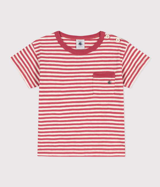 Camiseta de manga corta de punto flameado a rayas para bebé rosa PAPI/beige AVALANCHE