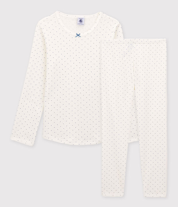 Pijama calado de lunares de ni&ntilde;a de algod&oacute;n org&aacute;nico blanco/azul