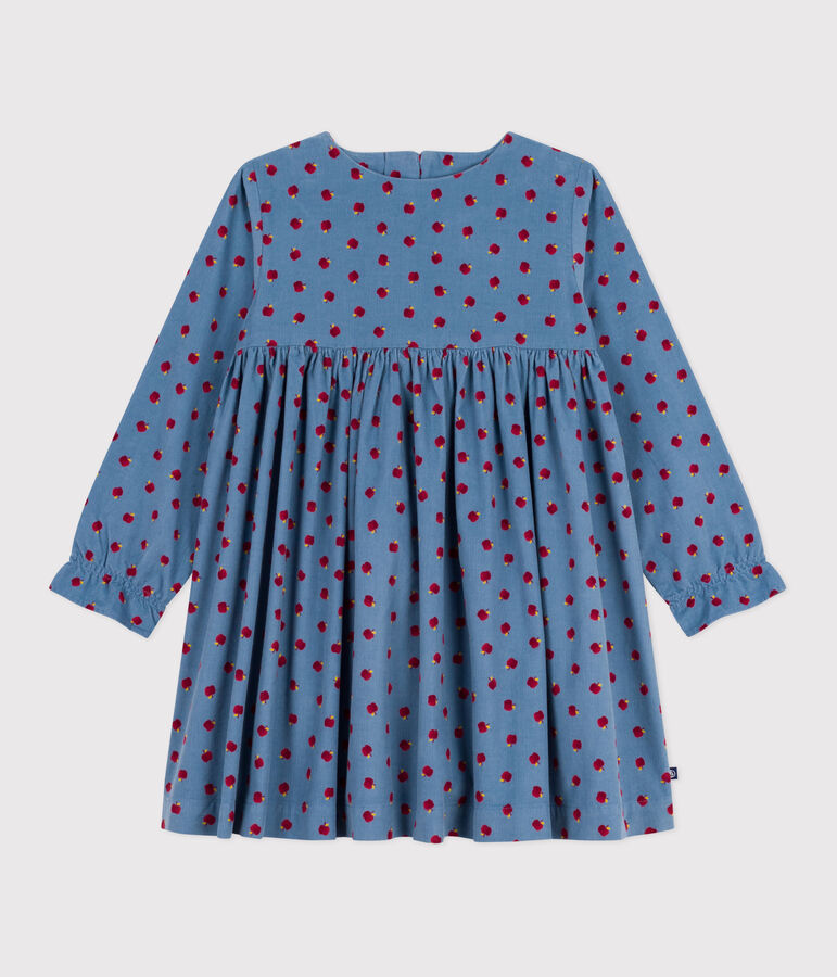 Vestido infantil estampado de pana de manga larga azul/multicolor
