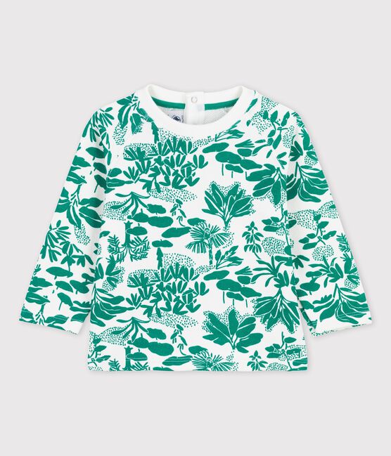 Sudadera con estampado vegetal de muletón de bebé blanco MARSHMALLOW/verde GAZON
