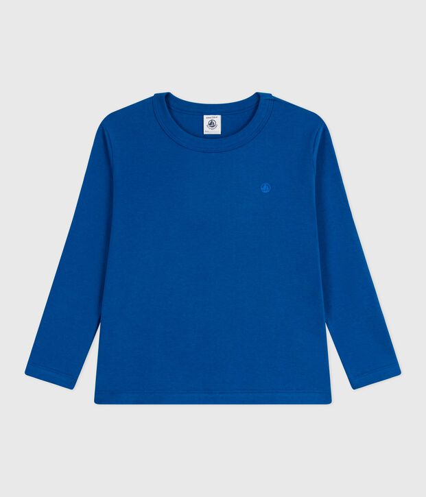 Camiseta infantil lisa de algod&oacute;n de manga larga azul