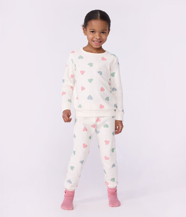Pijama infantil de rizo de algod&oacute;n con corazones crudo/multicolor