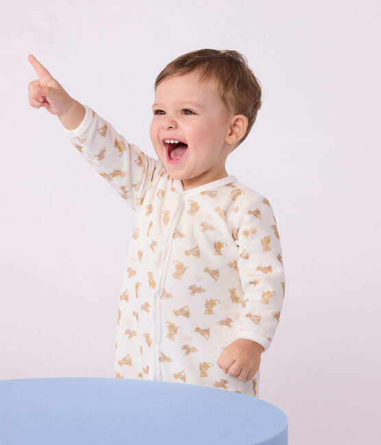 Pijama de terciopelo con estampado de leopardos para bebé blanco MARSHMALLOW/blanco MULTICO