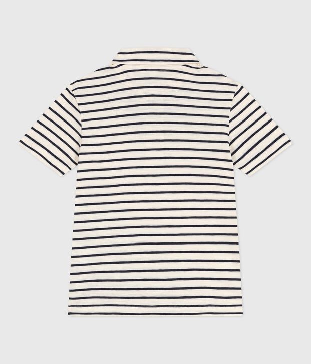 Polo infantil de algod&oacute;n de manga corta a rayas crudo/azul