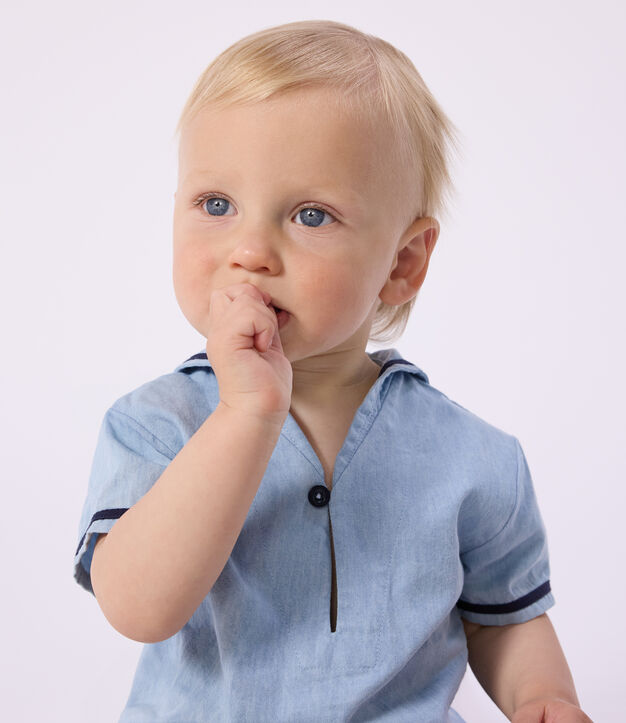 Conjunto de 2 piezas de chambray con camiseta con cuello de uniforme para beb&eacute; azul