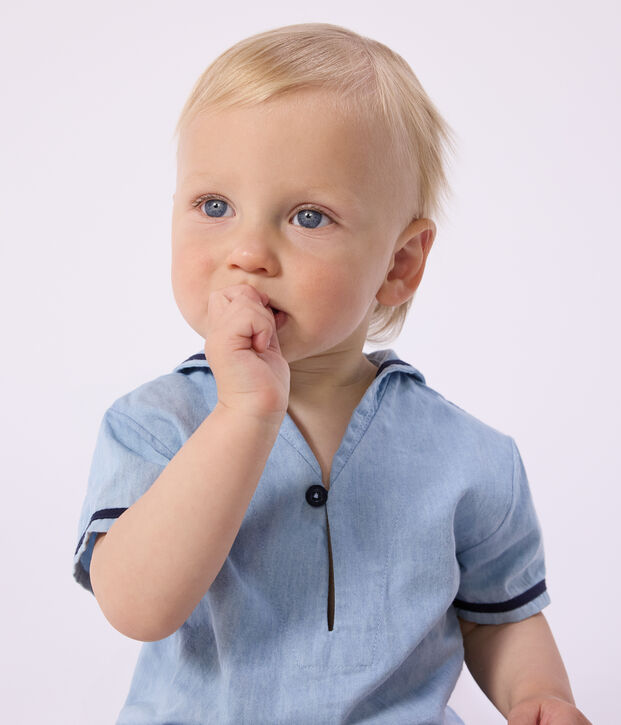 Conjunto de 2 piezas de chambray con camiseta con cuello de uniforme para beb&eacute; azul