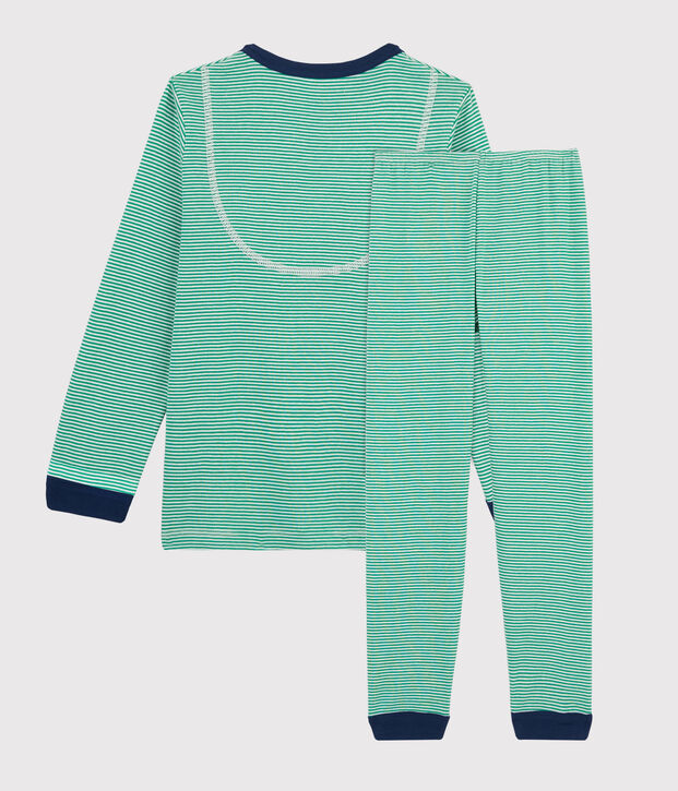 Pijama de mil rayas verde de ni&ntilde;o peque&ntilde;o con acanalado verde/blanco
