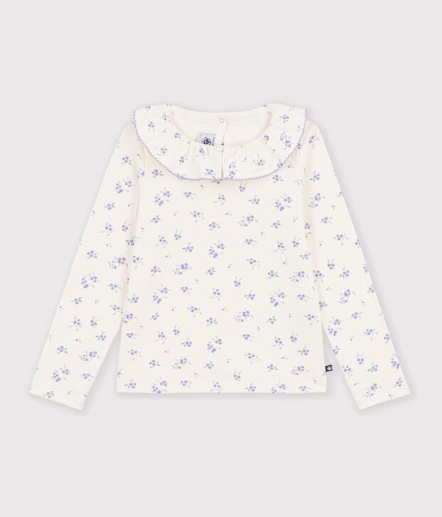 Camiseta infantil de algod&oacute;n de manga larga con flores y cuello crudo/multicolor