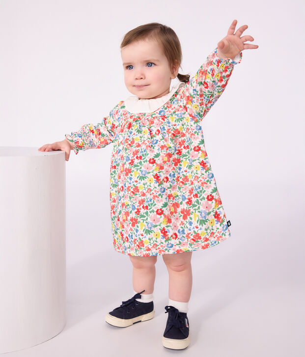 Vestido de algod&oacute;n de manga larga con estampado de flores para beb&eacute; blanco/multicolor