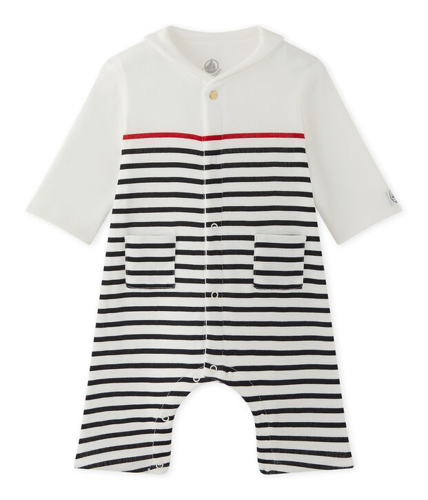 Pelele para beb&eacute; ni&ntilde;o a rayas con cuello marinero blanco/azul/rojo
