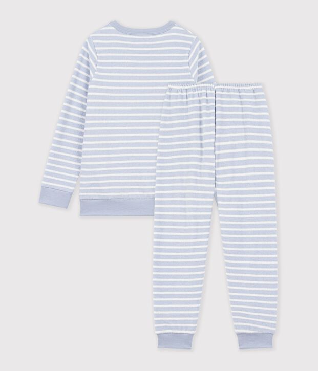 Pijama infantil de rizo de algod&oacute;n a rayas azul/crudo
