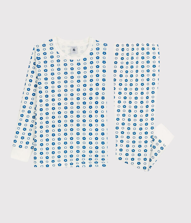 Pijama con estampado de flores gr&aacute;ficas de ni&ntilde;a/ni&ntilde;o de algod&oacute;n org&aacute;nico blanco/azul