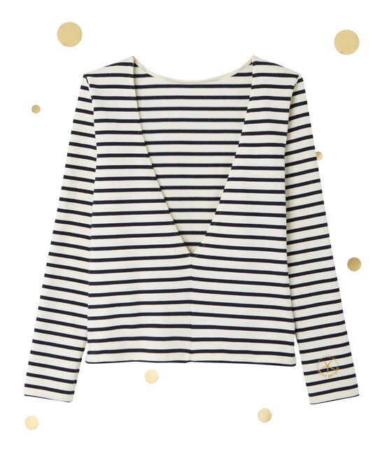 Marinière femme décolletée dans le dos. Petit bateau x Marie-Agnès Gillot beige COQUILLE/azul SMOKING