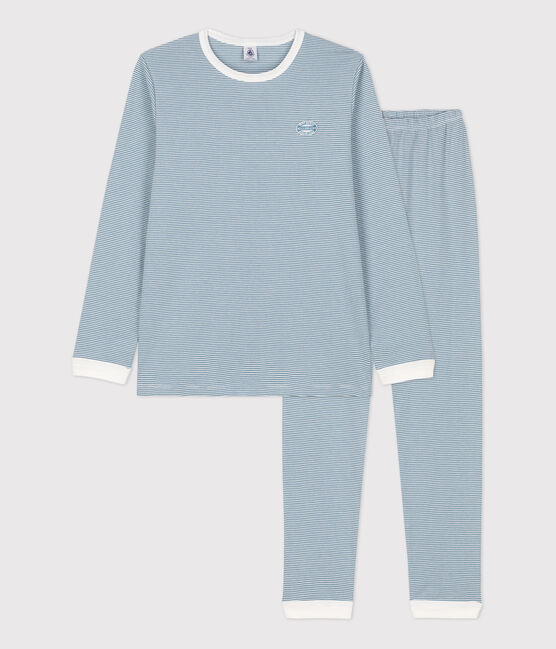 Pijama de algodón milrayas para niño/niña azul ROVER/blanco MARSHMALLOW