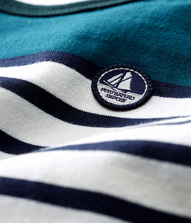 Mono corto de punto grueso con rayas para beb&eacute; ni&ntilde;o verde/blanco/azul