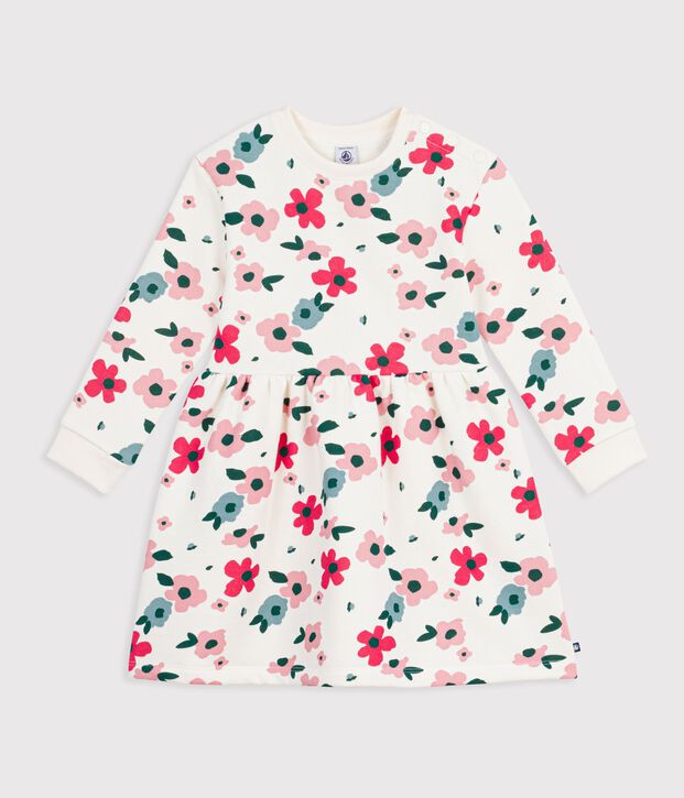 Vestido infantil de manga larga de algod&oacute;n con flores crudo/multicolor