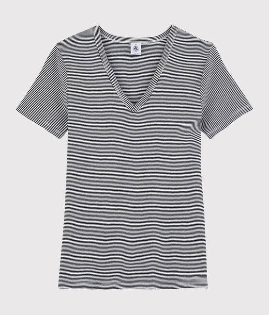 Camiseta de cuello de pico emblemática de algodón a rayas de mujer azul SMOKING/blanco MARSHMALLOW