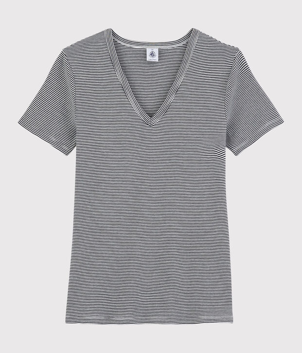 Camiseta de cuello de pico emblem&aacute;tica de algod&oacute;n a rayas de mujer azul/blanco