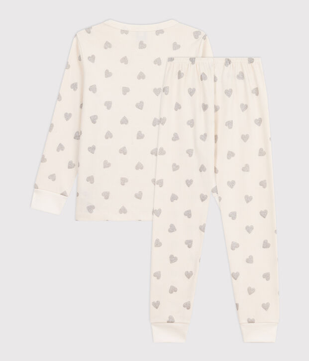Pijama infantil de algod&oacute;n con estampado de corazones plateados crudo/gris