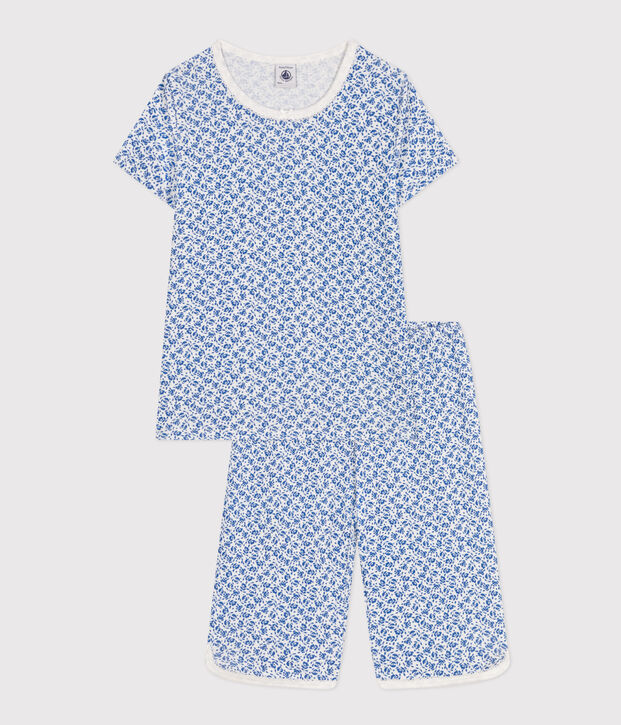 Pijama pirata infantil de algod&oacute;n con estampado de flor azul/azul