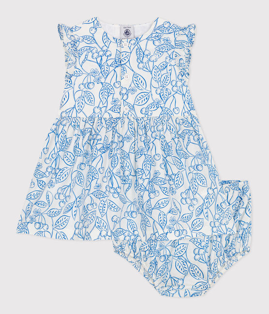 Vestido de algodón y pololo con estampado de cerezas azules para bebé azul MARSHMALLOW/ PORCELANA