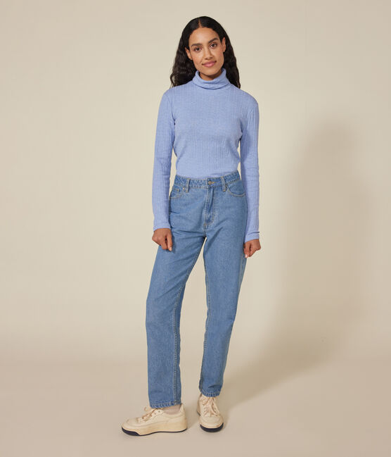 Camiseta Iconique de cuello vuelto de punto de fantasía para mujer azul SKY CHINE